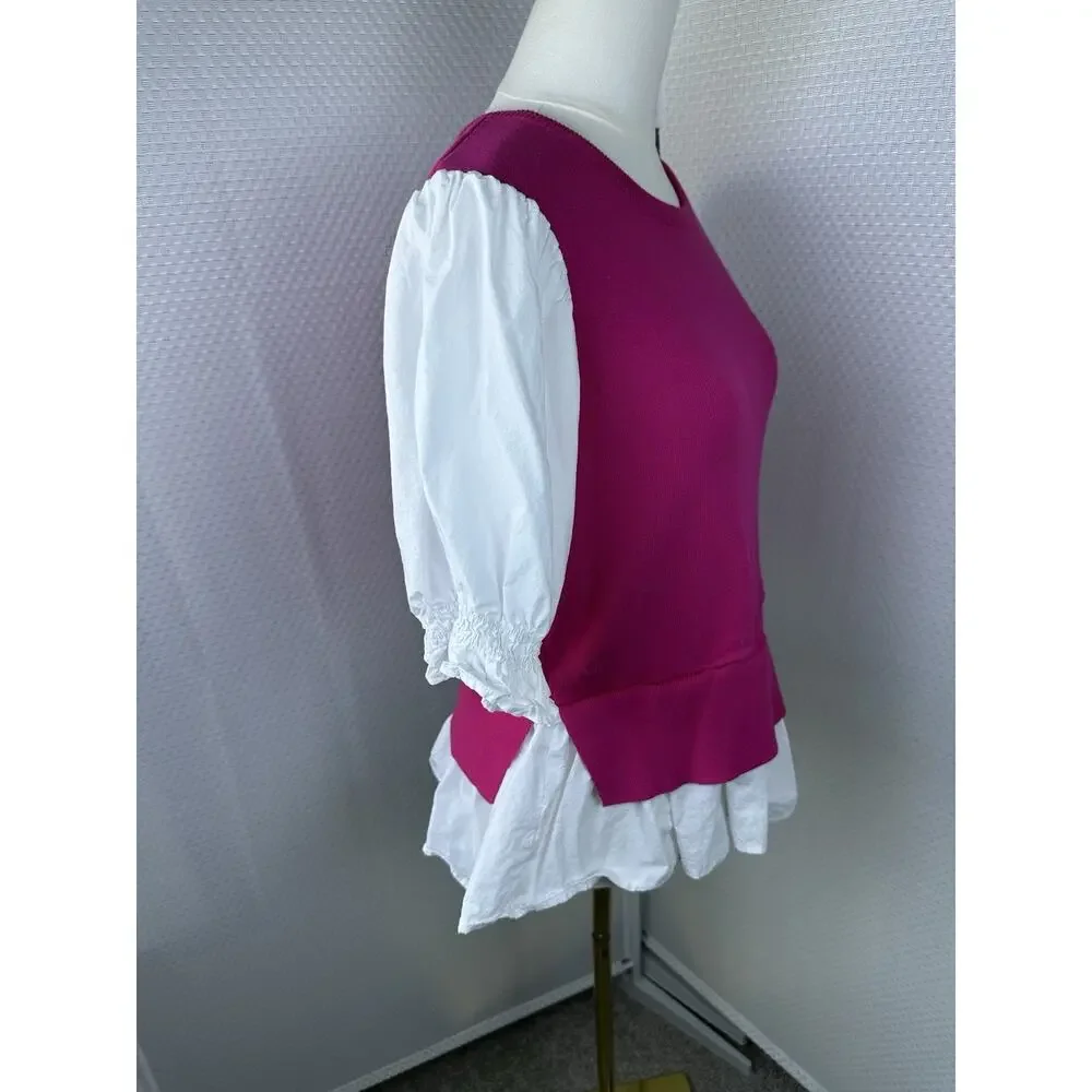 Anthropologie Pink Knit Peplum Top Large Puff Sleeve Cottagecore Coquette Blouse